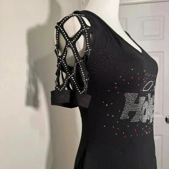 Y2K Black Honey Rhinestone Embellished Sheath Dress S/M Scoop Neck - Picture 4 of 7